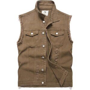 An olive-brown sleeveless denim vest with a rugged wash frayed Vest for Men's